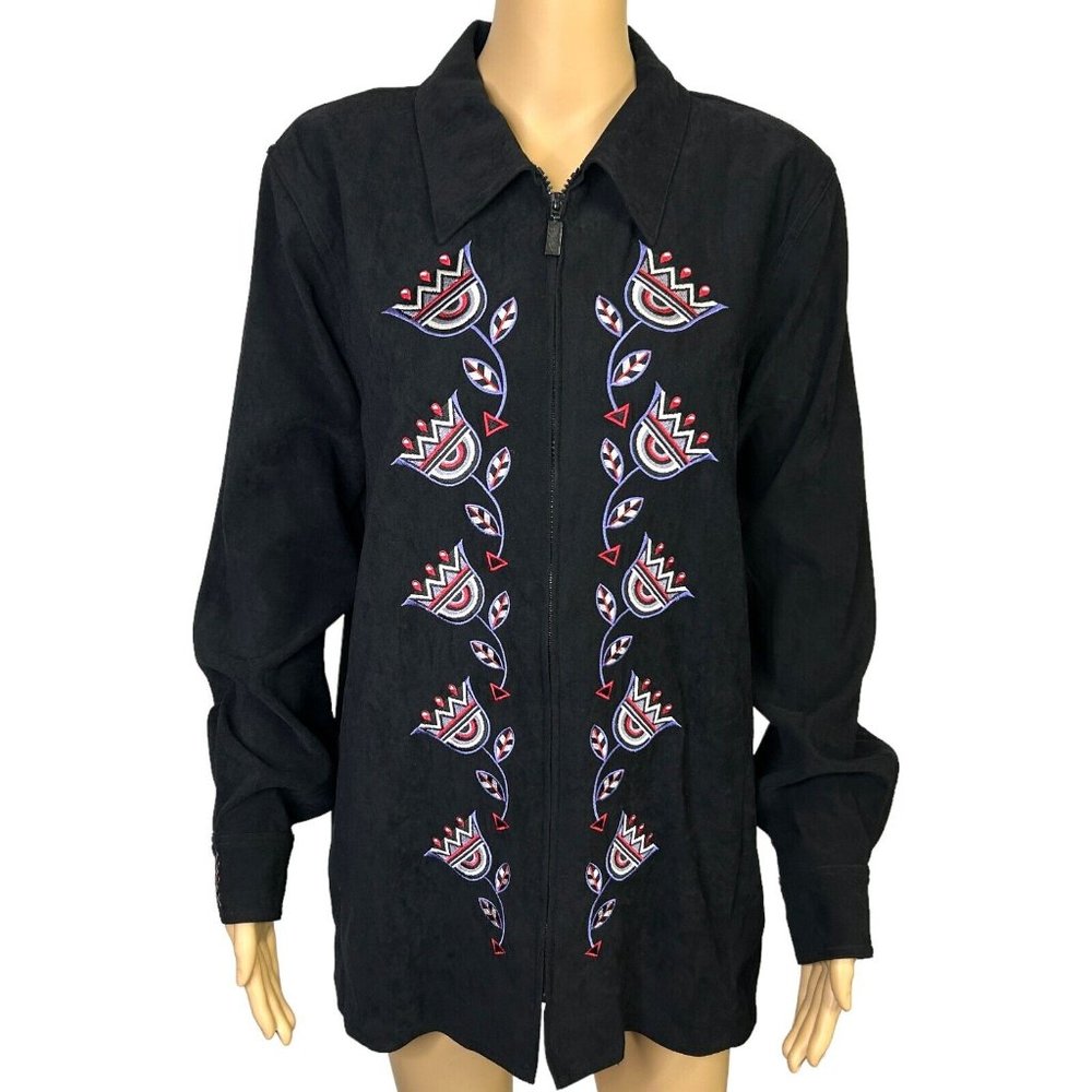VTG Bob Mackie Wearable Art Womens L Black‎ Embroidered Abstract Floral Jacket